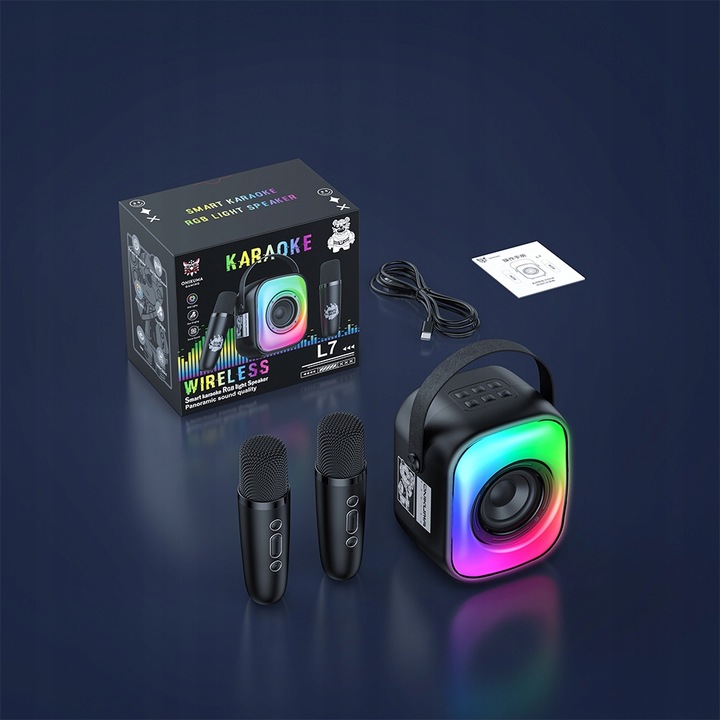 ZESTAW GŁOŚNIK BLUETOOTH PRZENOŚNY KARAOKE RGB 2 MIKROFONY USB SD MINI JACK