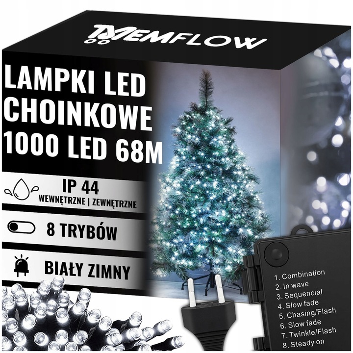 LAMPKI CHOINKOWE ŚWIĄTECZNE 1000LED ZEWNĘTRZNE WEWNĘTRZNE BIAŁE ZIMNE 68M
