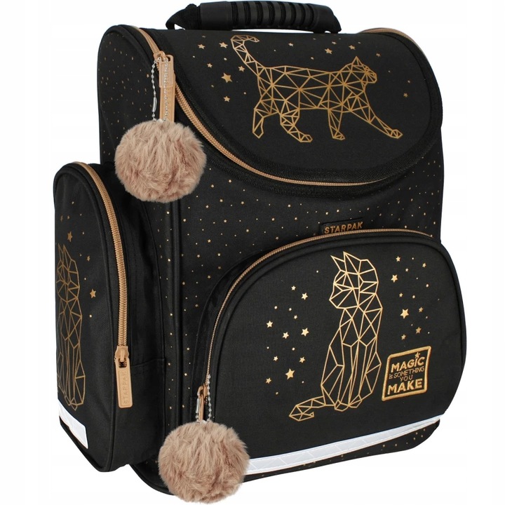 TORNISTER SZKOLNY PLECAK DLA DZIEWCZYNKI KOT KOTEK CZARNY ZŁOTY