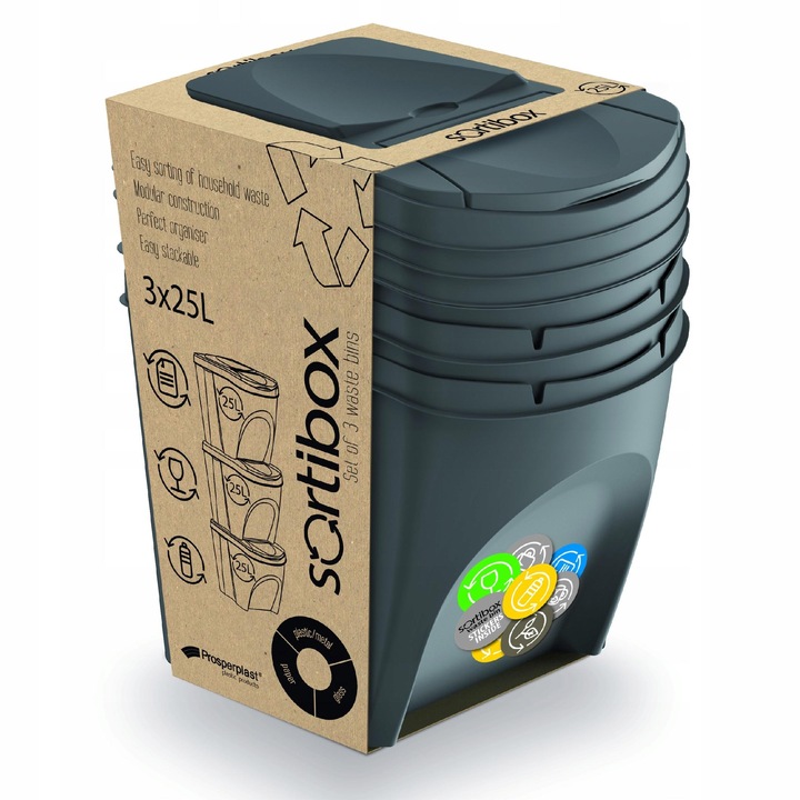 KOSZE POJEMNIKI SEGREGACJA ŚMIECI 3X25L SZARY