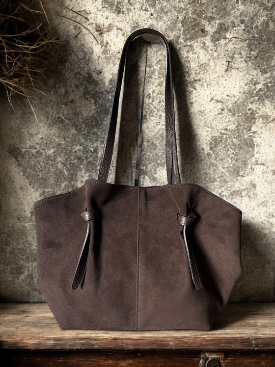 Czekoladowa torebka zamszowa shopper brąz SKÓRA ZAMSZ NATURALNY Vera Pelle