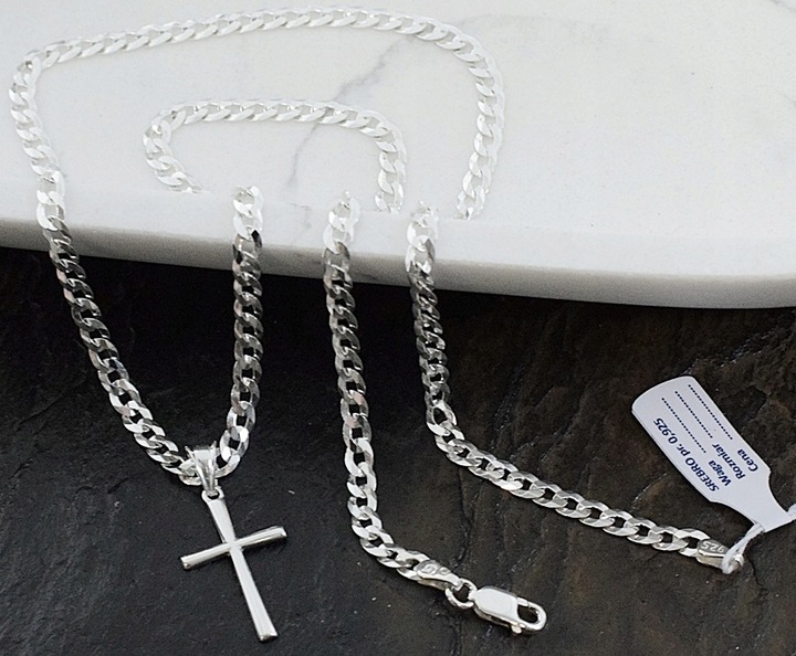 SREBRNY ŁAŃCUSZEK MĘSKI NASZYJNIK PANCERKA SREBRO 925 Z KRZYŻYKIEM GRAWER