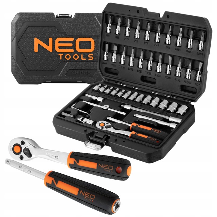 NEO 10-004 ZESTAW KOMPLET KLUCZE NASADOWE 1/4'' 46el CRV NASADKI TORX BITY