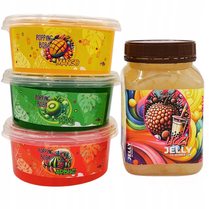 MIX I Zestaw do Bubble Tea KULKI + ŻELKI 4x450g Kiwi Arbuz Mango Liczi
