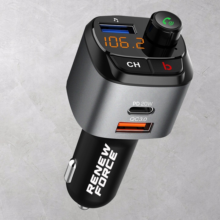 NAJMOCNIEJSZY Transmiter bluetooth FM samochodowy ładowarka 36W QC3.0 USB-C