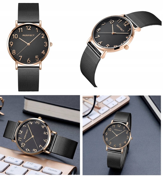 ZEGAREK DAMSKI PERFECT ZEFRA +BOX +GRAWER CYFRY bransoletka mesh złoty