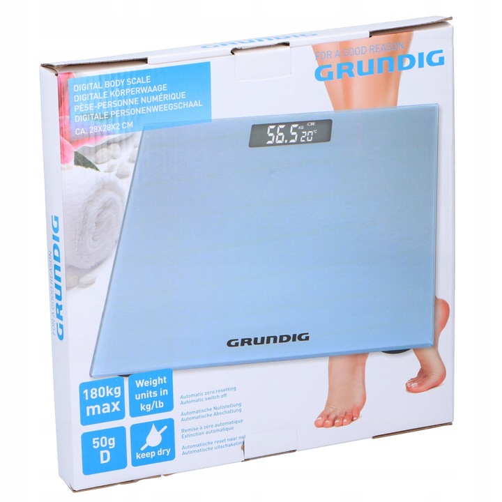 Waga łazienkowa Grundig z termometrem WYŚWIETLACZ LCD SZKLANA do 180kg