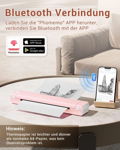 Przenośna drukarka termiczna A4 bluetooth Phomemo M08F różowo-biała