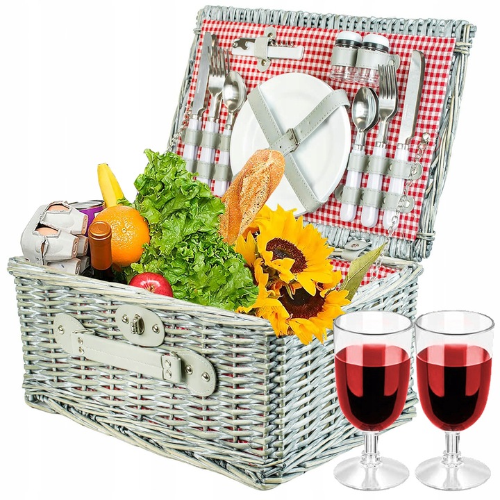Duży kosz piknikowy z zestawem sztućców talerzy dla 4 osób biała wiklina