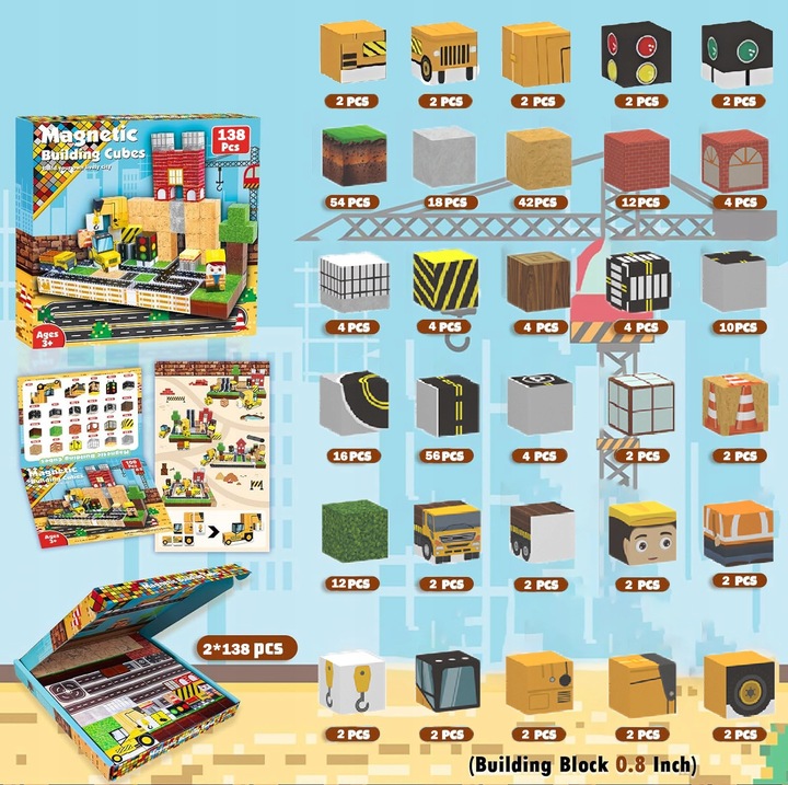 KLOCKI MAGNETYCZNE 3D KLOCKI SZEŚCIANY DLA DZIECI Z 4 KLOCKI LED - 2x138szt