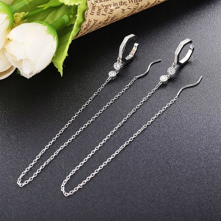 MD długa srebrna nausznica kolczyk łańcuszek S925