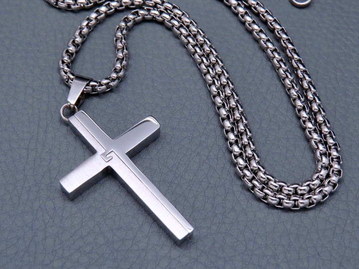 SREBRNY ŁAŃCUSZEK Z KRZYŻYKIEM STAL CHIRURGICZNA 316L SPLOT KRÓLEWSKI 60CM