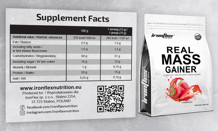 Gainer Real Mass 1000g BIAŁKO WĘGLOWODANY MASA MIĘSNIOWA WHEY WPC IronFlex