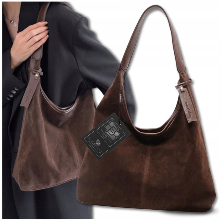 Torebka Damska Zamszowa BAD&BAGS Na Ramię Torba Pojemna Brązowa Elegancka