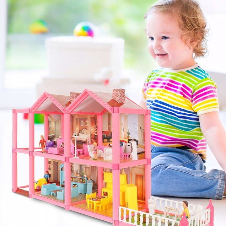 DOMEK DLA LALEK WILLA RÓZOWA MEBLE LALKI LALECZKI TARAS SAMOCHÓD DO ZABAWY