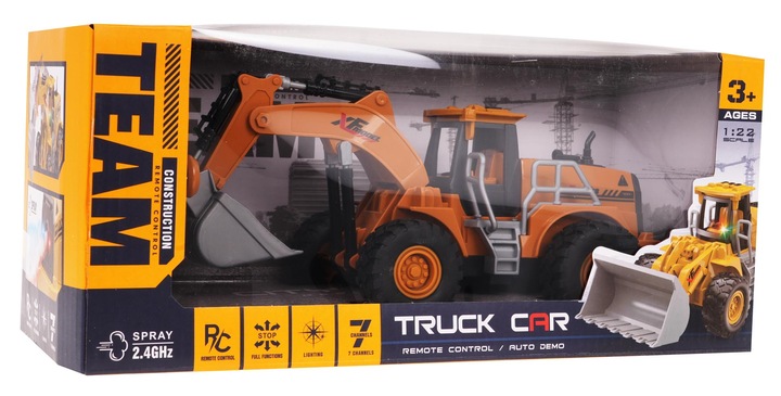 KOPARKA ZDALNIE STEROWANA 1:22 Z FUNKCJĄ DYMU GUMOWE OPONY , ŚWIATŁA LED