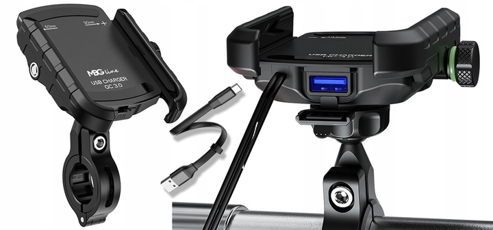 UCHWYT MOTOCYKLOWY NA TELEFON SZYBKA ŁADOWARKA USB QC3.0 MOTOCYKL + KABEL