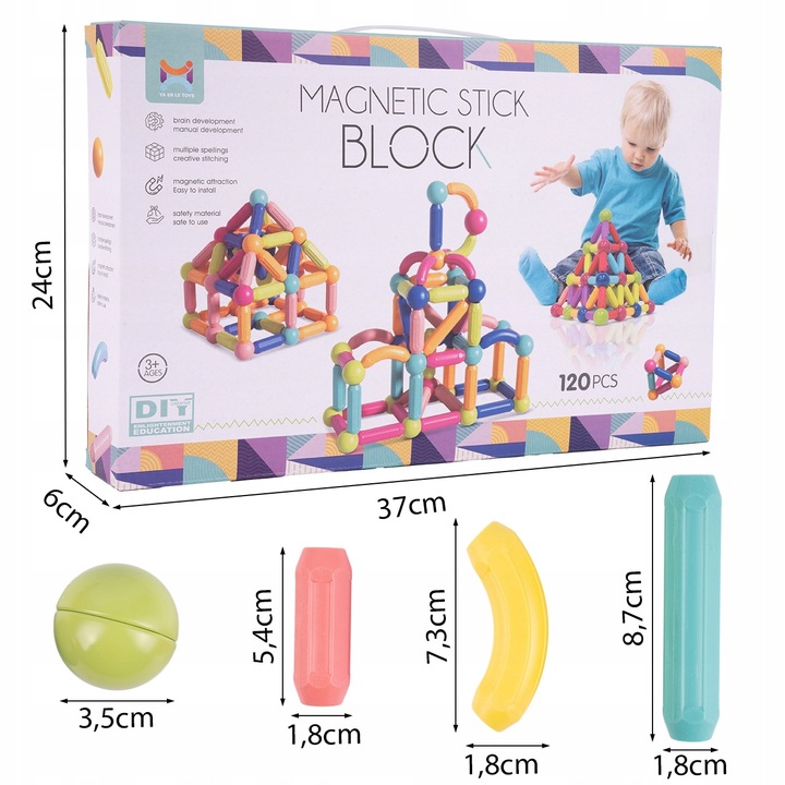 KLOCKI MAGNETYCZNE KONSTRUKCYJNE EDUKACYJNE DUŻY ZESTAW 120 ELEMENTÓW