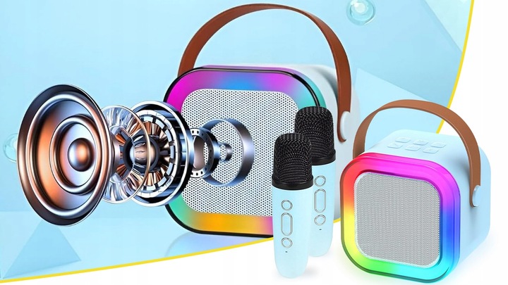 ZESTAW GŁOŚNIK BLUETOOTH PRZENOŚNY KARAOKE RGB 2 MIKROFONY USB SD MINI JACK