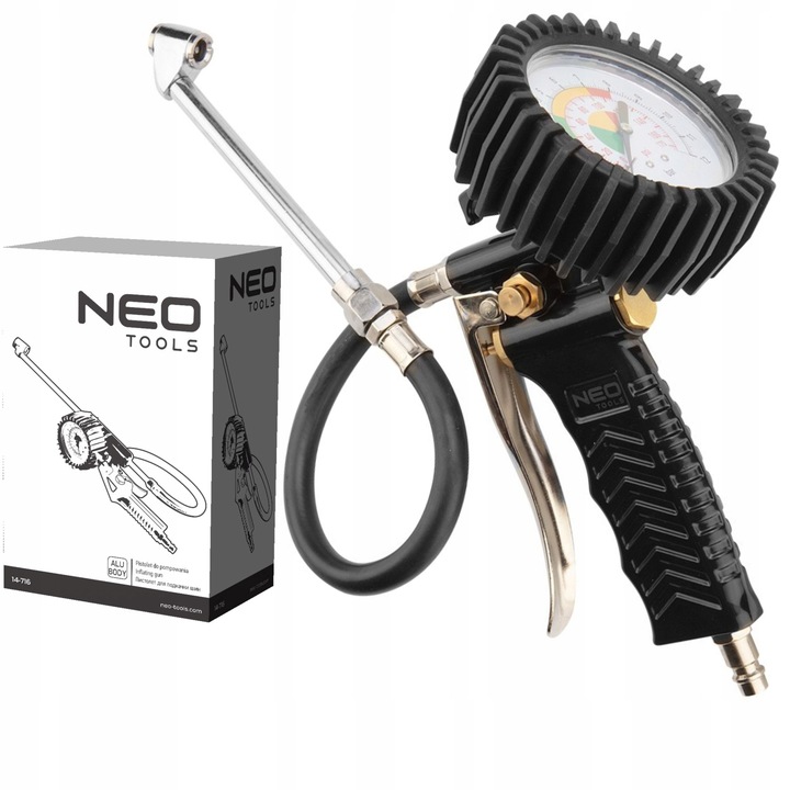 NEO PISTOLET DO POMPOWANIA KÓŁ Z MANOMETREM DŁUGA KONCÓWKA 12 BAR 14-716