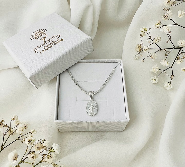 Medalik z Matką Boską Cudowny i łańcuszek 40cm na święcenie Komunię Chrzest