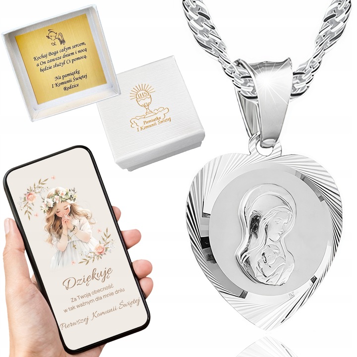 Łańcuszek Srebrny 45cm 925 MEDALIK KOMUNIJNY Matka Boska Komunii na Chrzest