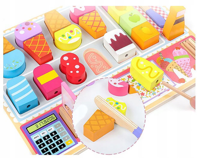 DREWNIANA LODZIARNIA SKLEP STOISKO Z LODAMI GAŁKI LODY NA PATYKU DLA DZIECI