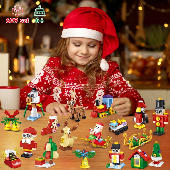 KALENDARZ ADWENTOWY DLA DZIECI KLOCKI ŚWIĄTECZNE 50w1 MIKOLAJ FIGURKA 609el