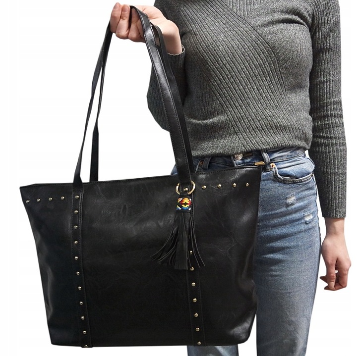 DUŻA TOREBKA TORBA DAMSKA NA RAMIĘ CZARNA MIEJSKA DO PRACY POJEMNA SHOPPER