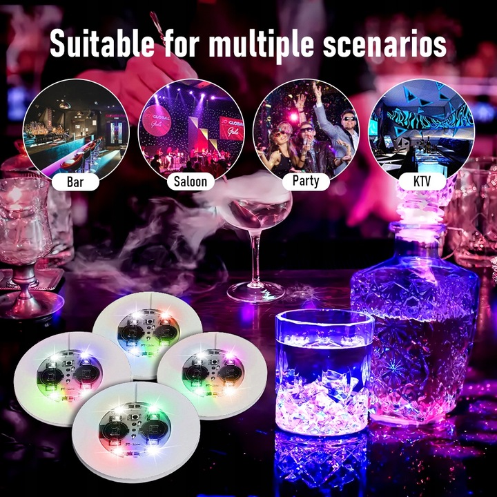 30 LED Coaster LED Naklejka Light Up Coasters 7 kolorów RGB LED na Party