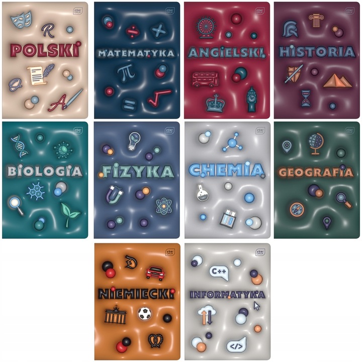 10 x ZESZYTY PRZEDMIOTOWE A5 DO KLAS 7-8 I LICEUM, TEMATYCZNE OKŁADKI