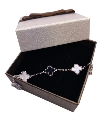 BRANSOLETKA Srebrna Damska SREBRO pr.925 Koniczyna Onyks Perłowa Koniczynka