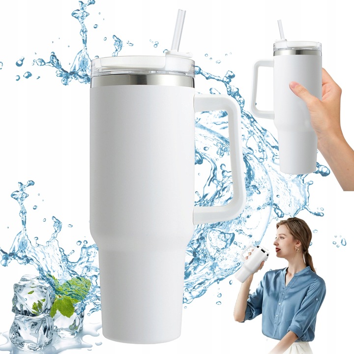 DUŻY KUBEK TERMICZNY Z UCHWYTEM I SŁOMKĄ TERMOS DUŻY 1200ML BIAŁY