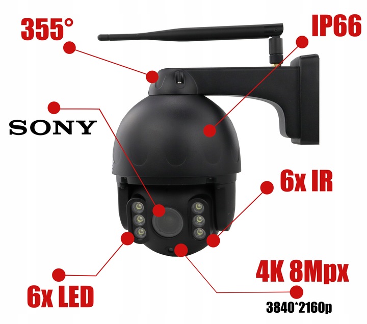 BEZPRZEWODOWA KAMERA OBROTOWA ZEWNĘTRZNA WIFI CZARNA 8Mpx 4K MONITORING DVS