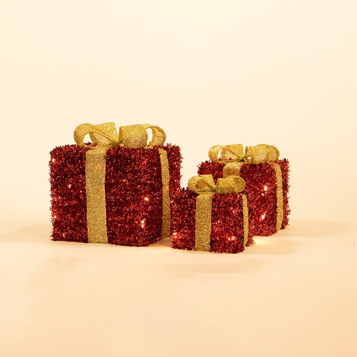 Świąteczne Pudełka Prezenty LED 3 szt. Dekoracja Boże Narodzenie Czerwone