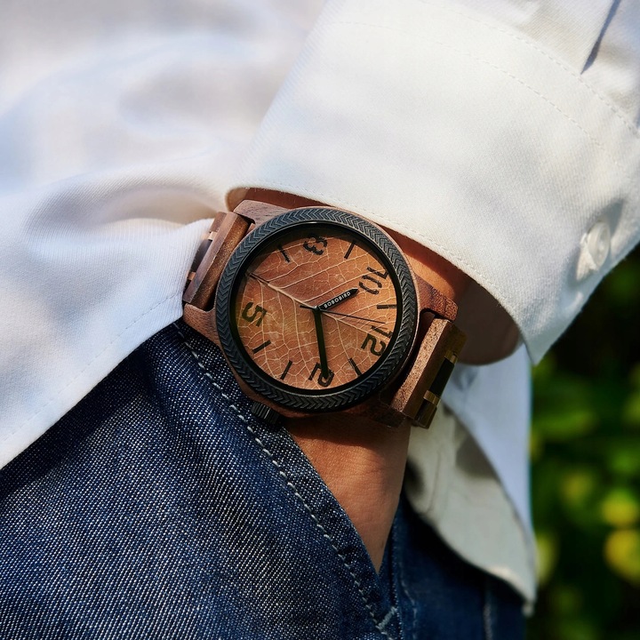 DREWNIANY ZEGAREK MĘSKI BOBO BIRD T155-4 ELEGANCKI BRANSOLETA TARCZA LIŚĆ