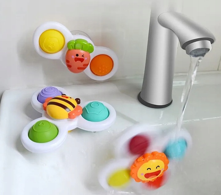 3x FIDGET SPINNER Z PRZYSSAWKĄ SENSORYCZNĄ KĄPIEL PREZENT GRZECHOTKA ZESTAW