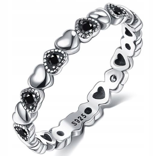 pierścionek obrączka czarne serduszka cyrkonie srebro rozm. 17