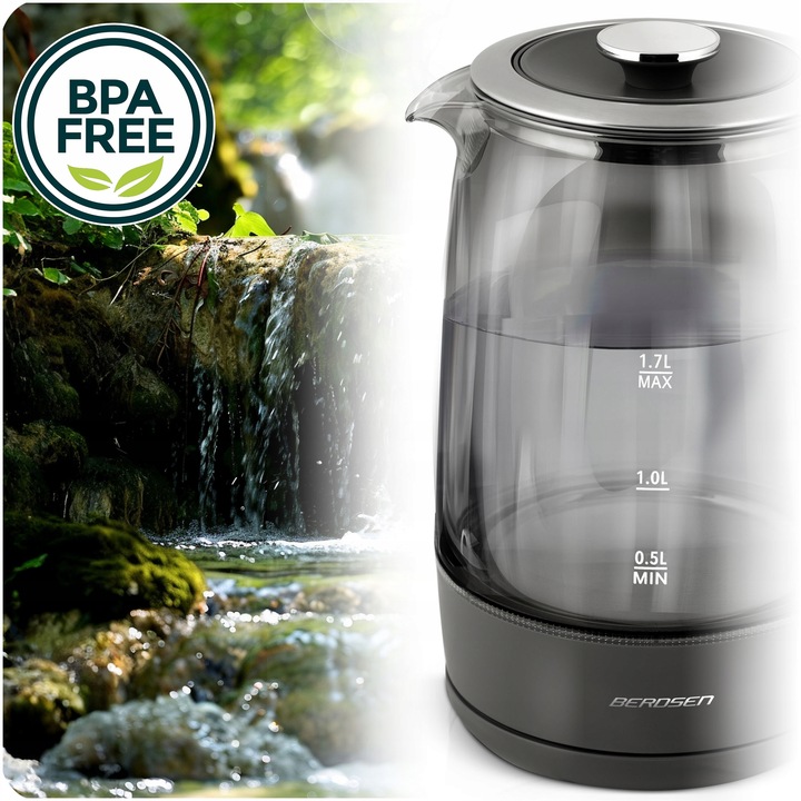 CZAJNIK ELEKTRYCZNY SZKLANY REGULACJA TEMPERATURY 2200W BERDSEN 1,7L