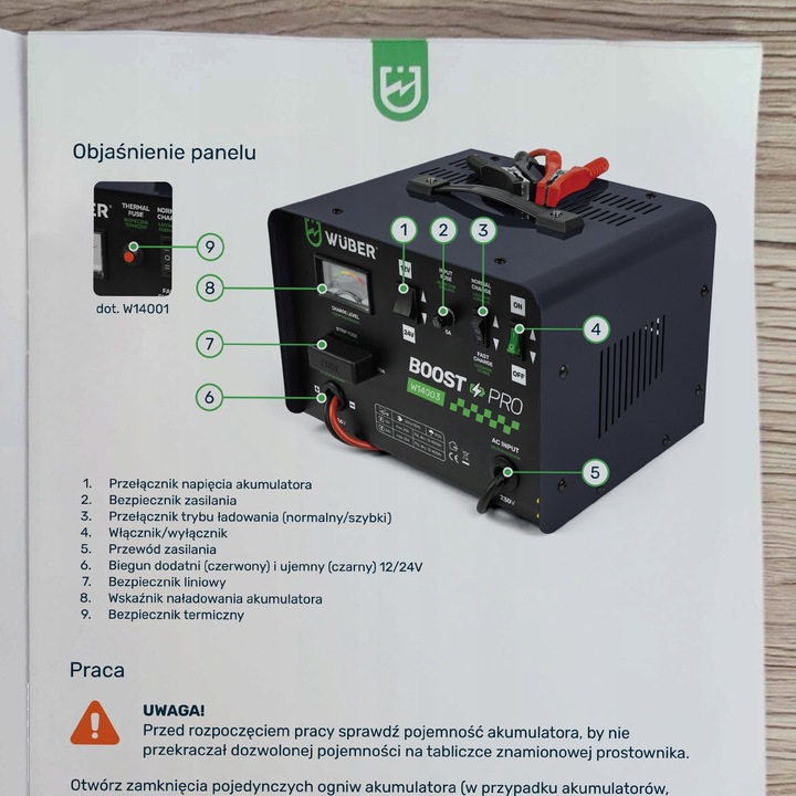PROSTOWNIK AKUMULATOROWY 16A SAMOCHODOWY 7-180AH DO ŁADOWANIA 12V24V WUBER