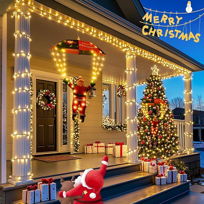 Mikołaj Ze Spadochronem LED 60cm Ozdoba Świąteczna 8 Trybów Dekoracja