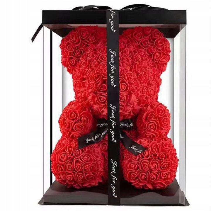 Misiek z Kwiatów Róż ZŁOŻONE PUDEŁKO Prezent na Walentynki MIŚ + Lampki Led