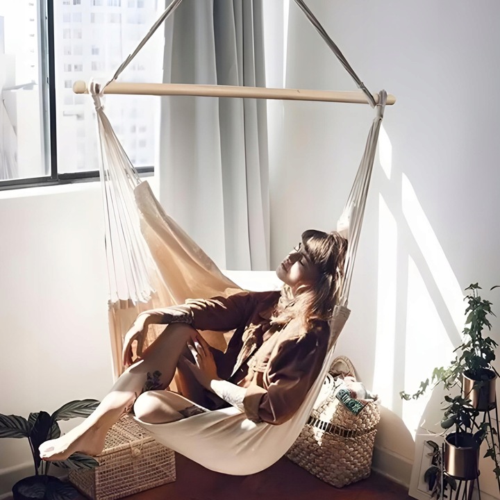 FOTEL WISZĄCY OGRODOWY BUJANY KOKON KRZESŁO BRAZYLIJSKIE HUŚTAWKA BOHO BEŻ