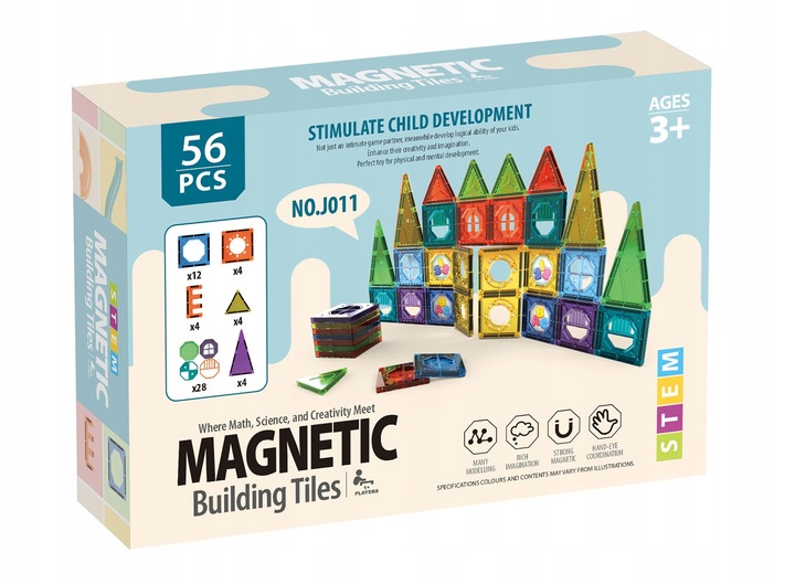 KLOCKI MAGNETYCZNE KONSTRUKCYJNE EDUKACYJNE DUŻE PANELE 3D DLA DZIECI 56 EL