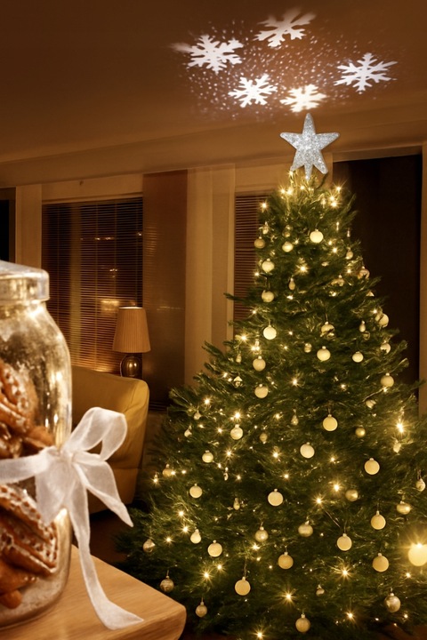 Gwiazda na choinkę LED srebrna brokatowa z projektorem płatki śniegu czubek