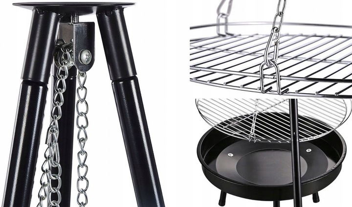 PALENISKO TRÓJNÓG GRILL OGRODOWY OGNISKOWY WISZĄCY DUŻY RUSZT CHROMOWANY 50