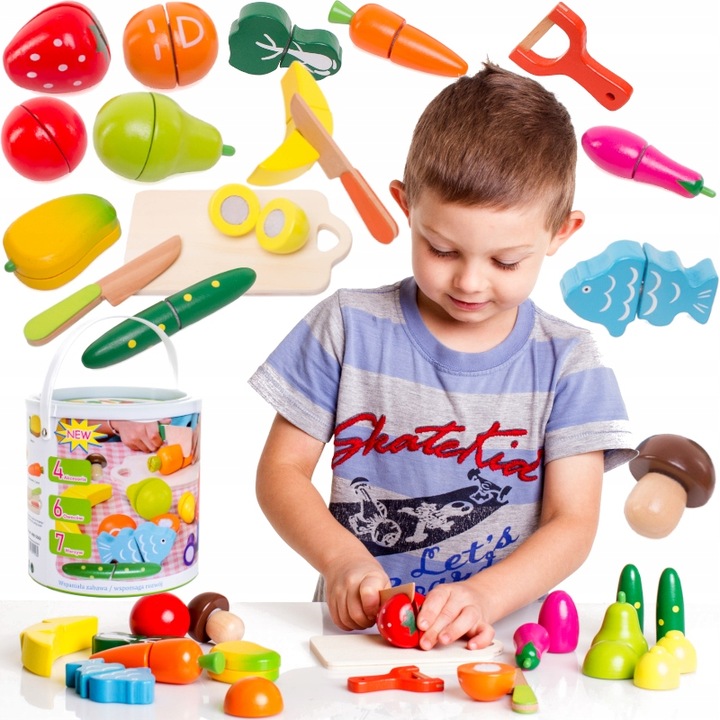 Drewniane Warzywa Owoce do Krojenia Zestaw na Rzep 17 elementów