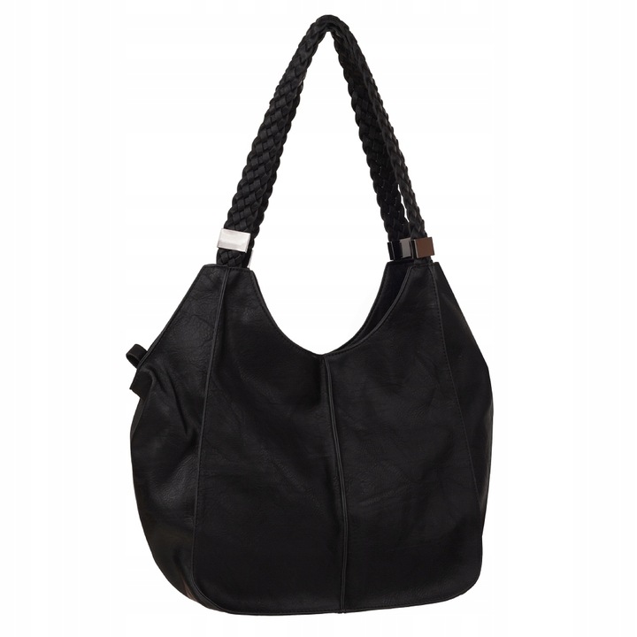 CZARNA TOREBKA plecione rączki torba worek shopper miękka skóra A4