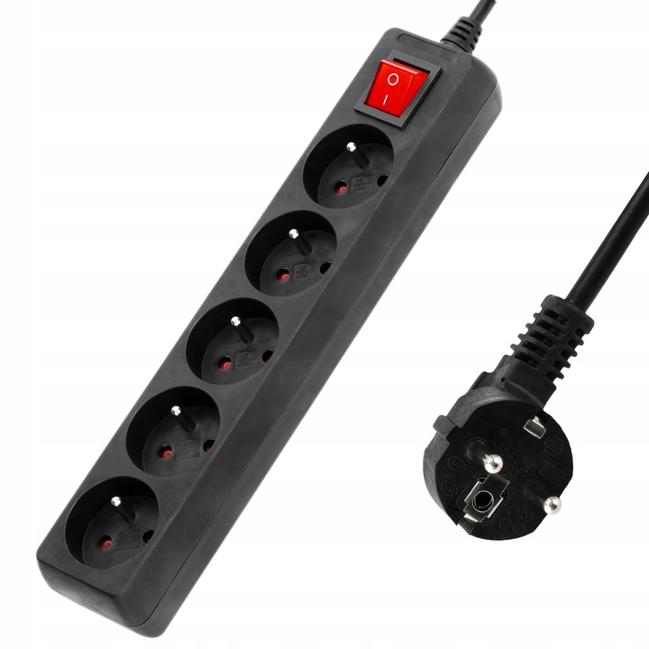 PRZEDŁUŻACZ LISTWA ZASILAJĄCA WŁĄCZNIK MOCNY GRUBY 5 GNIAZD 5M CZARNY