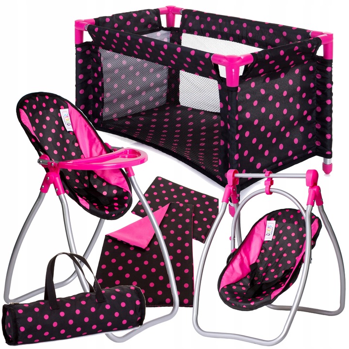 Zestaw dla lalek ŁÓŻECZKO + KRZESEŁKO do karmienia dla laki HUŚTAWKA 2w1